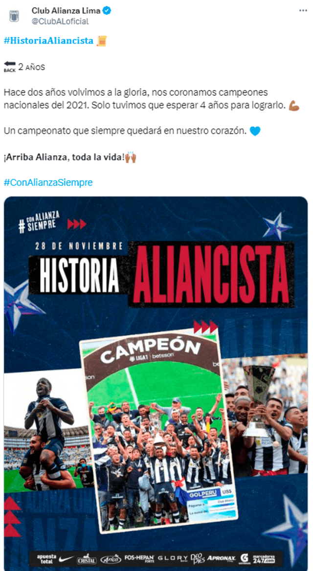  Mensaje de Alianza Lima en sus redes sociales. Foto: Twitter/Alianza Lima.   