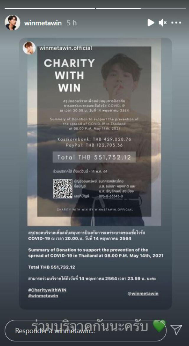 Post de Win Metawin sobre "Charity with Win". Foto: Instagram