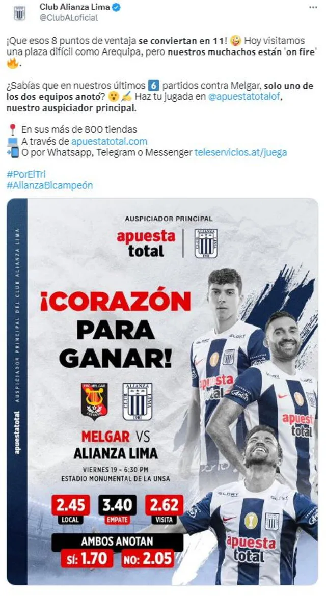 Alianza Lima es puntero de la Liga 1 con 36 unidades. Foto: Twitter/Alianza Lima.   