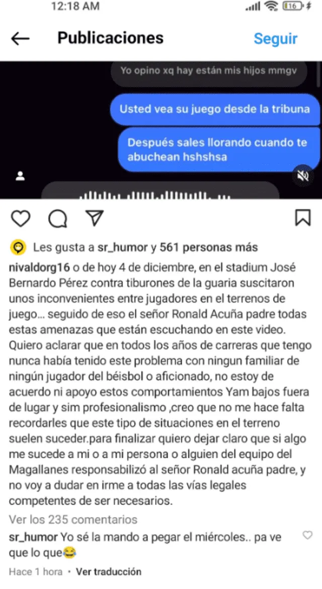 Este es el post que el beisbolista Nivaldo Rodríguez publicó tras recibir amenazas del padre de Ronald Acuña Jr. Foto: Instagram/Nivaldo Rodríguez   