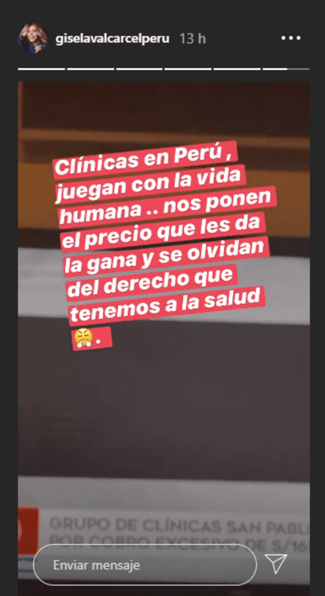 Gisela Valcárcel asegura en Instagram que clínicas atentan contra la vida por cobro excesivo a pacientes con coronavirus. Foto: Captura Instagram.