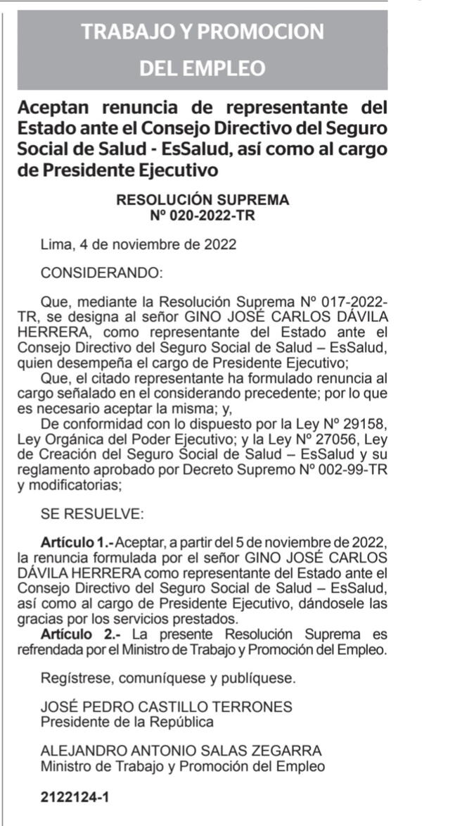 Resolución que anuncia la salida de Gino Dávila de EsSalud. Foto: El Peruano