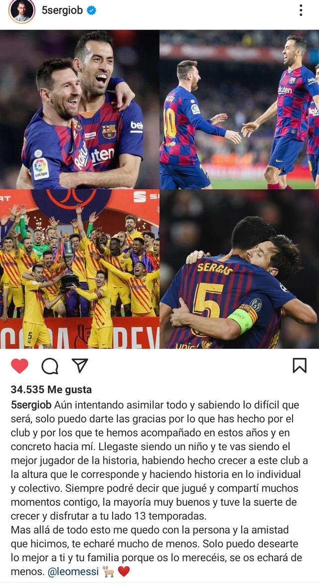 El emotivo mensaje de Sergio Busquets a Messi. Foto: Instagram