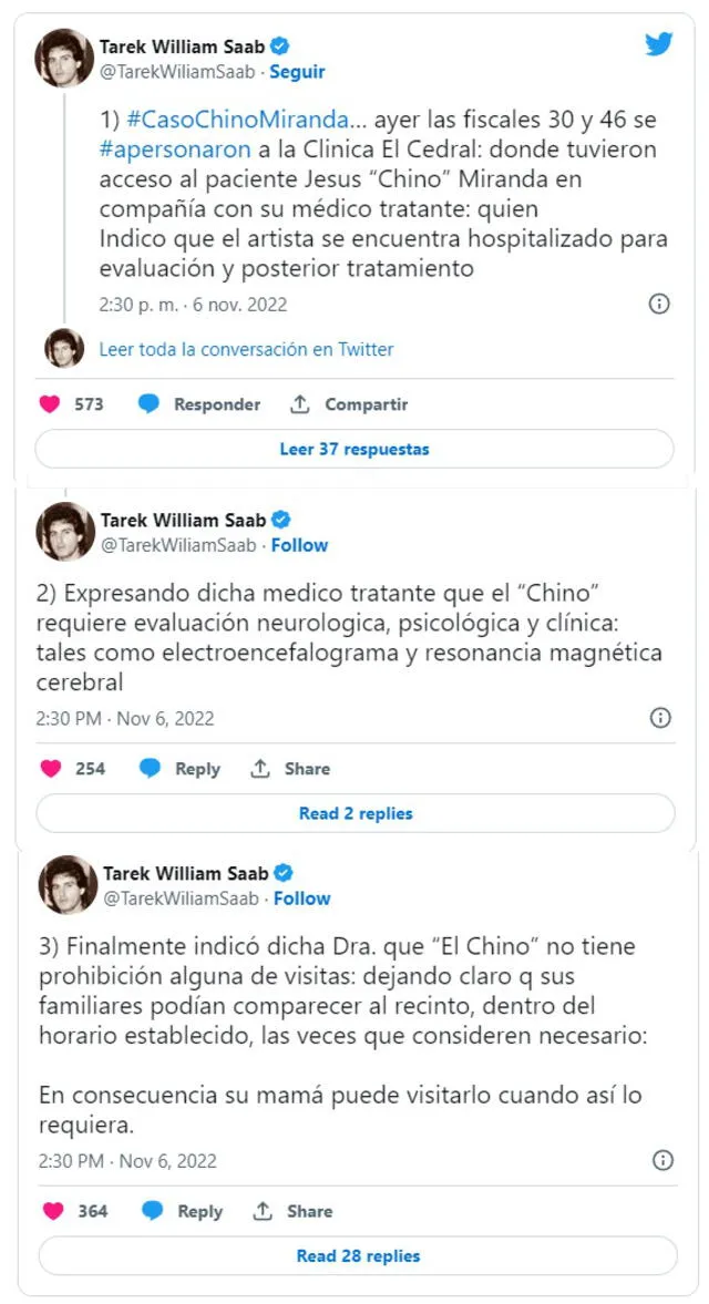 6.11.2022 | Tuits del fiscal Tarek Willian Saab sobre la situación de Chyno Miranda. Foto: captura Twitter