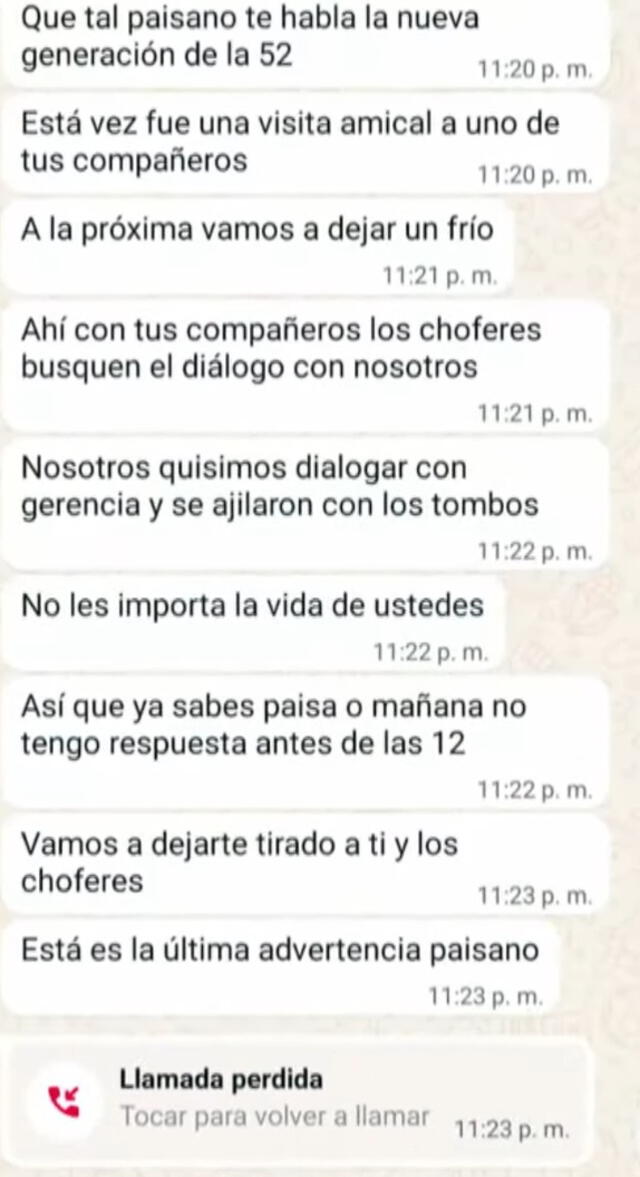 Mensaje de extorsionadores a chofer de bus 'Etusa'