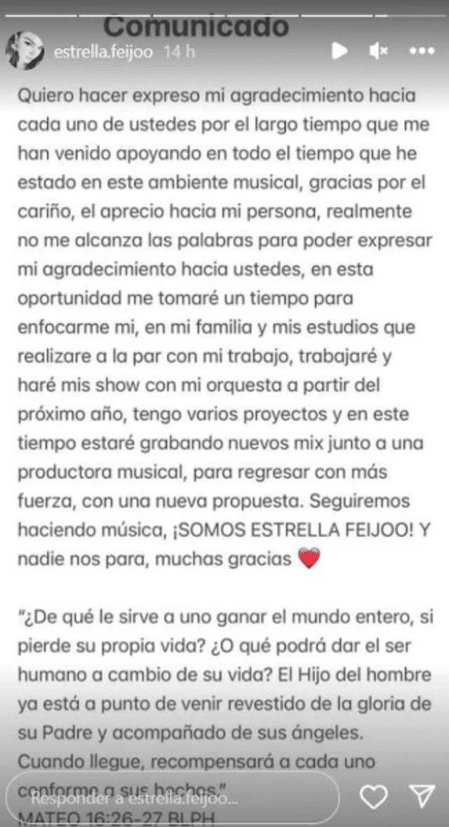 Estrella Feijoó se retira de los escenarios. Foto: Instagram   