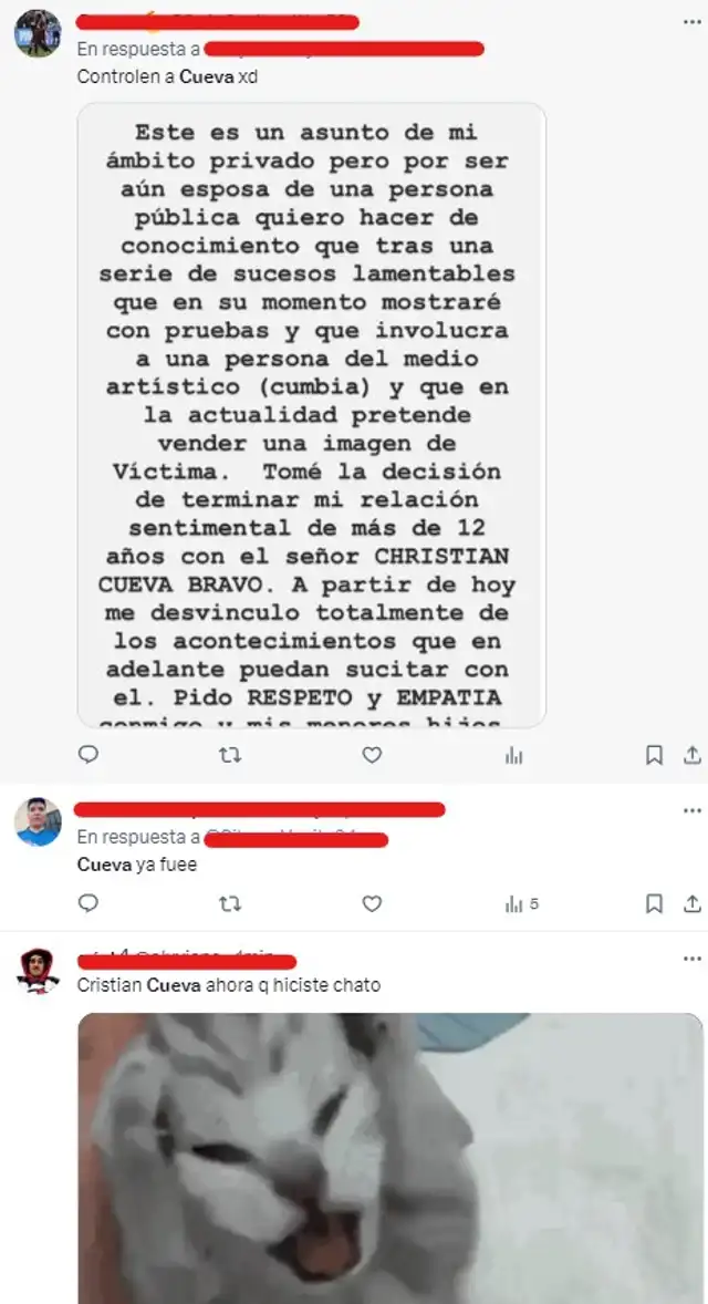 Tuits sobre Christian Cueva. Foto: captura de X Tuits sobre Christian Cueva. Foto: captura de X