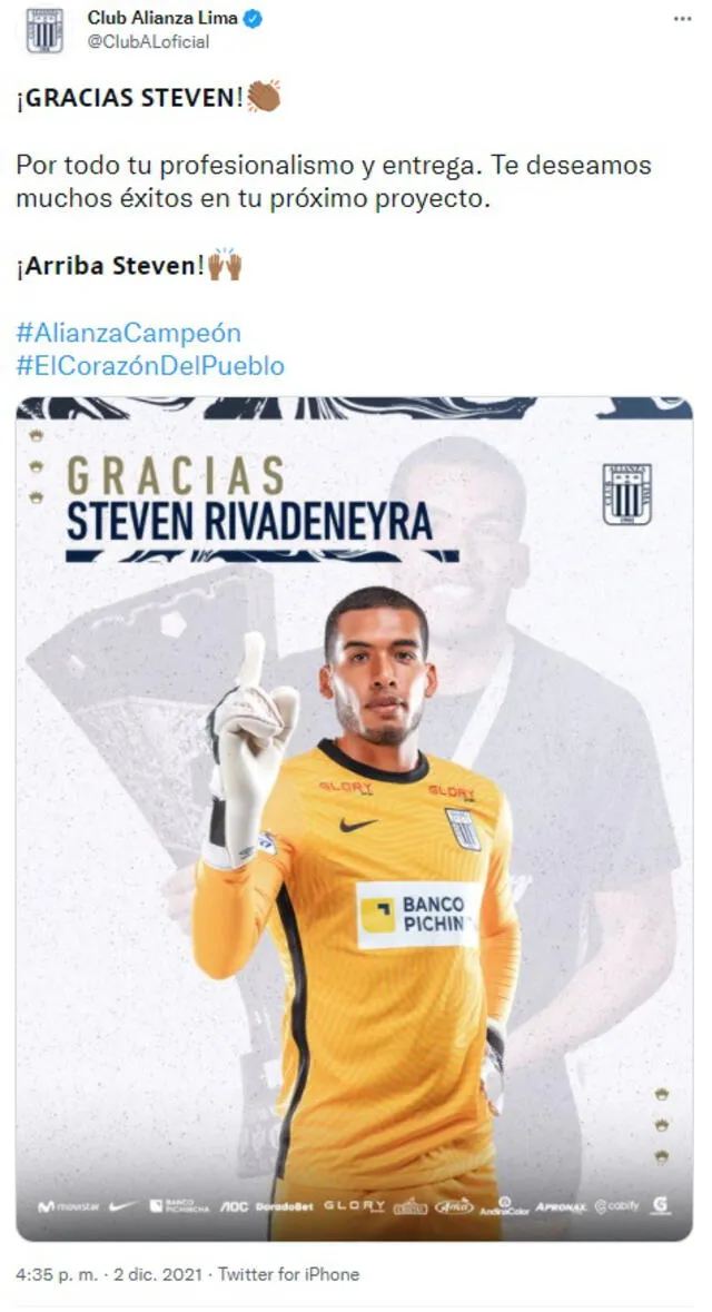 Alianza Lima estaría en busca de un nuevo arquero para reemplazar la salida de Rivadeneyra. Foto: captura Twitter