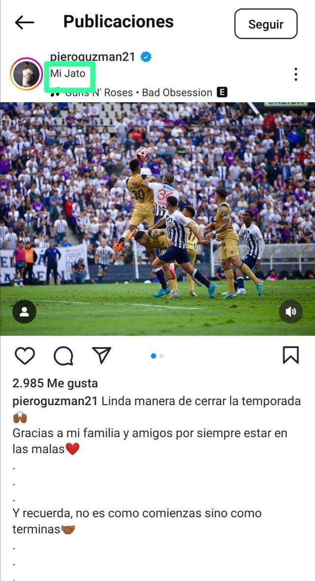 Publicación de Piero Guzmán tras el cierre del Clausura. Foto: captura de Instagram   