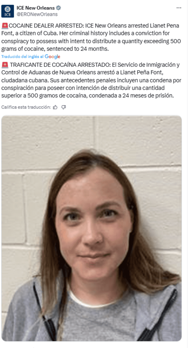 ICE New Orleans arresta a Lianet Peña Font, ciudadana cubana condenada por conspiración para distribuir más de 500 gramos de cocaína. Foto: ICE New Orleans ICE New Orleans arresta a Lianet Peña Font, ciudadana cubana condenada por conspiración para distribuir más de 500 gramos de cocaína. Foto: ICE New Orleans
