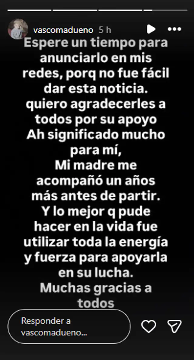 Vasco Madueño agradece por el apoyo. Foto: Instagram   