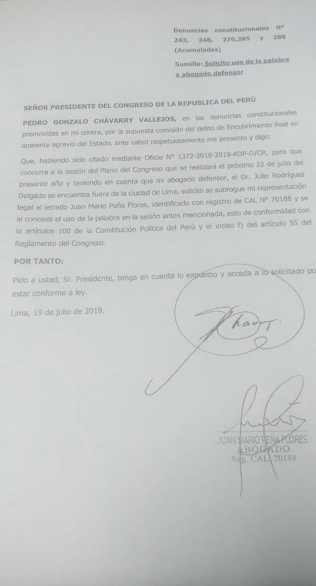 Carta de Pedro Chávarry enviada a Daniel Salaverry para justificar su inasistencia a la sesión del 22 de julio.