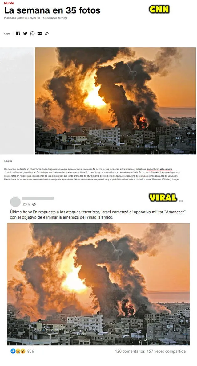 Comparación de imágenes. Foto: composición / capturas en CNN (arriba) y Facebook (abajo).