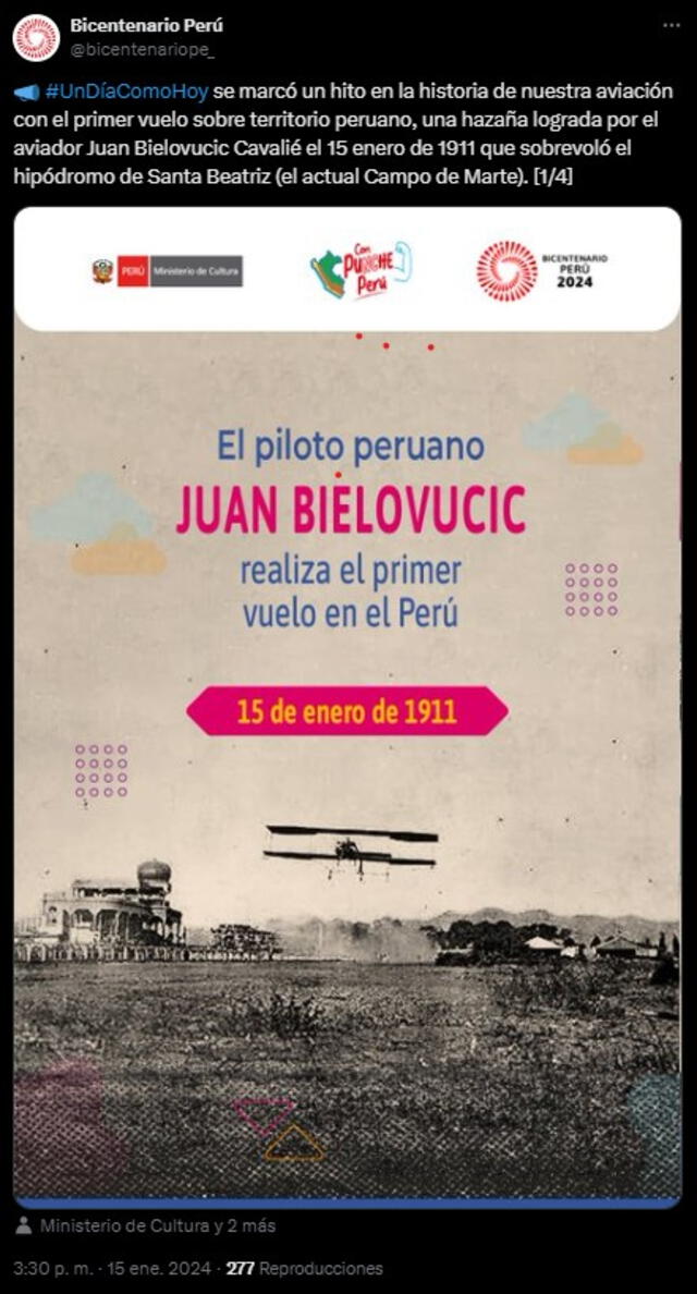  <strong>Juan Bielovucic Cavalié</strong>, el primer aviador en sobrevolar el cielo de Lima. Foto: Twitter Bicentenario Perú.   