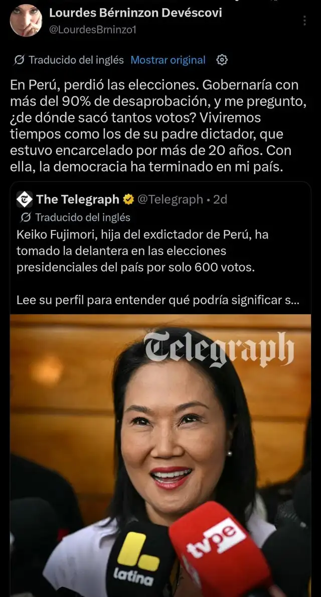 Tweet de Lourdes Bérninzon en contra de posible gobierno de Keiko Fujimori. Tweet de Lourdes Bérninzon en contra de posible gobierno de Keiko Fujimori.
