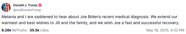 Trump wishes Joe Biden a "successfull" recovery. Photo: Donald Trump's Truth Social Trump wishes Joe Biden a "successfull" recovery. Photo: Donald Trump's Truth Social