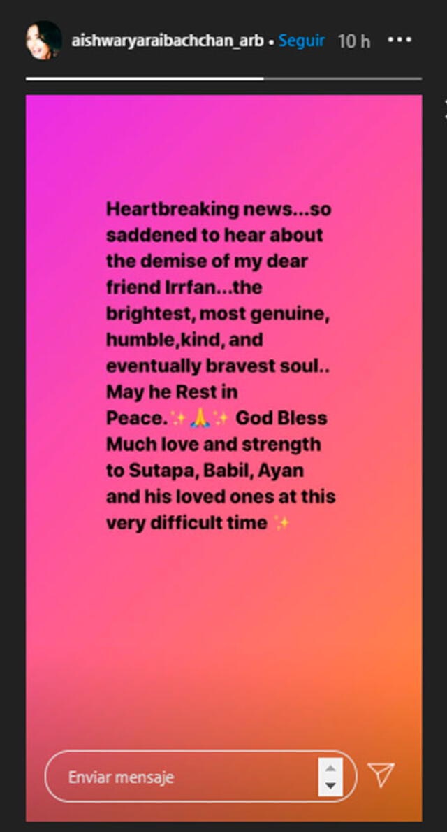 Aishwarya Rai Bachchan expresó en Instagram su dolor por la muerte de Irrfan Khan. 29 de abril, 2020.