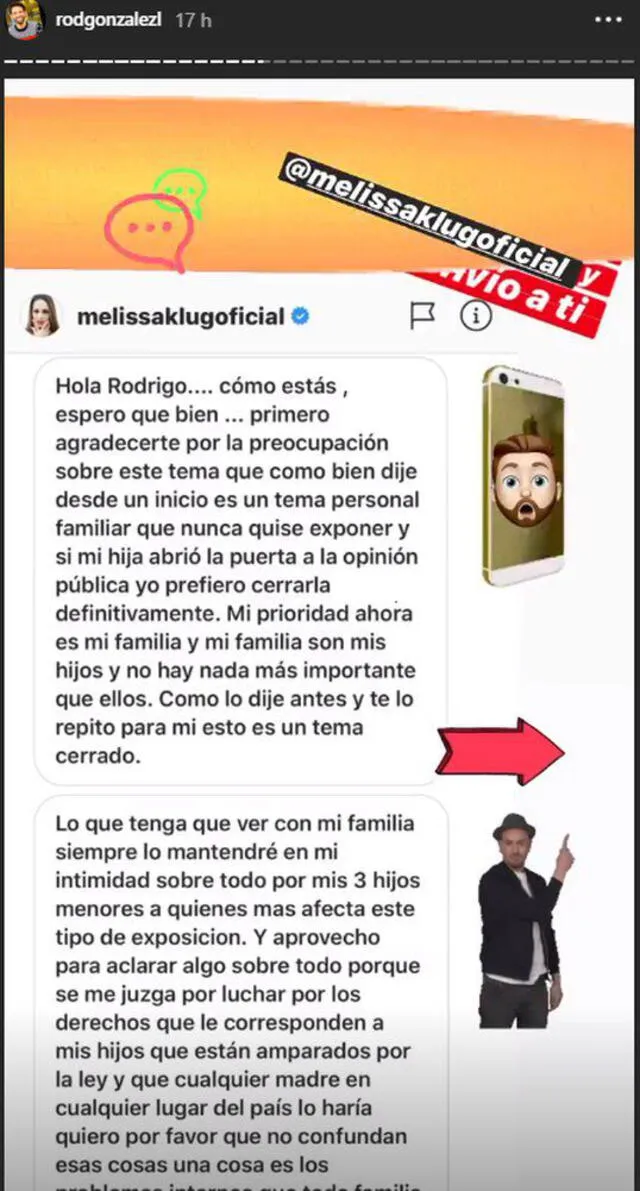 Mensaje de Melissa Klug a Rodrigo González en Instagram.
