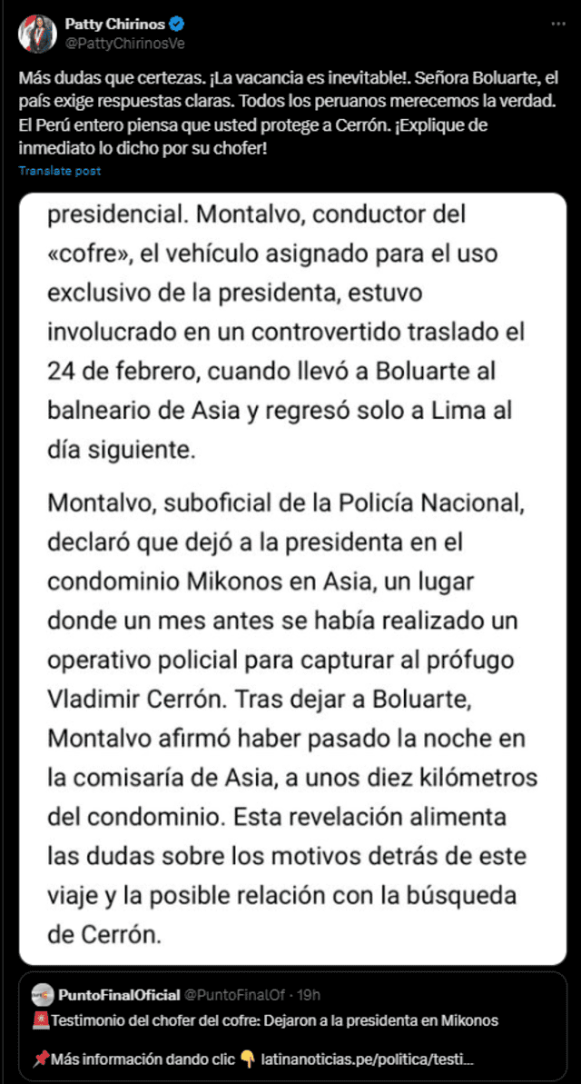 Tweet de Patricia Chirinos, donde exige explicaciones a Dina Boluarte   