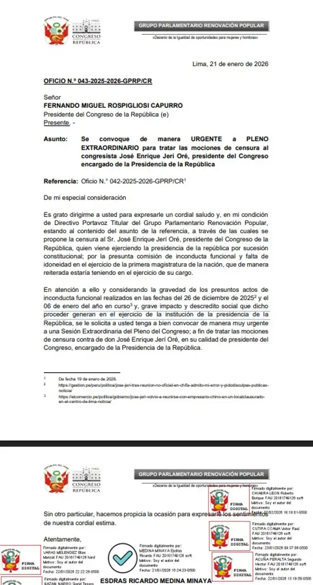  Oficio enviado por Esdras Medina cuenta con las firmas necesarias para la nueva sesión extraordinaria del pleno del Congreso | Foto: difusión.    