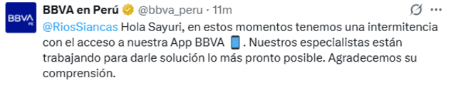 BBVA responde ante reclamo de usuarios por caída del app móvil. Foto: X.   