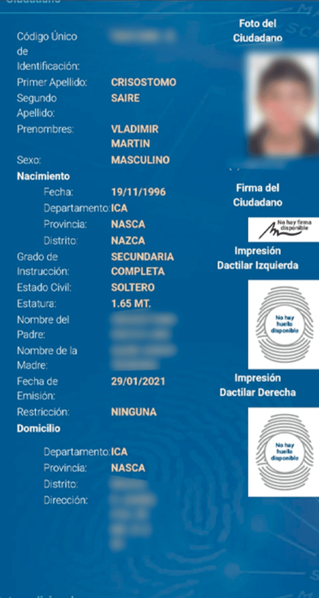 Datos de Vladimir Martín Crisóstomo Saire, quien consignan como firmante del comunicado falso