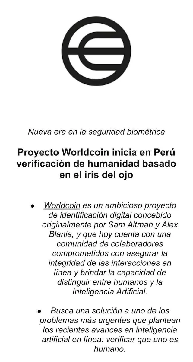 Comunicado de prensa Worldcoin. Foto: Efecto Estrategia Comunicaciones   