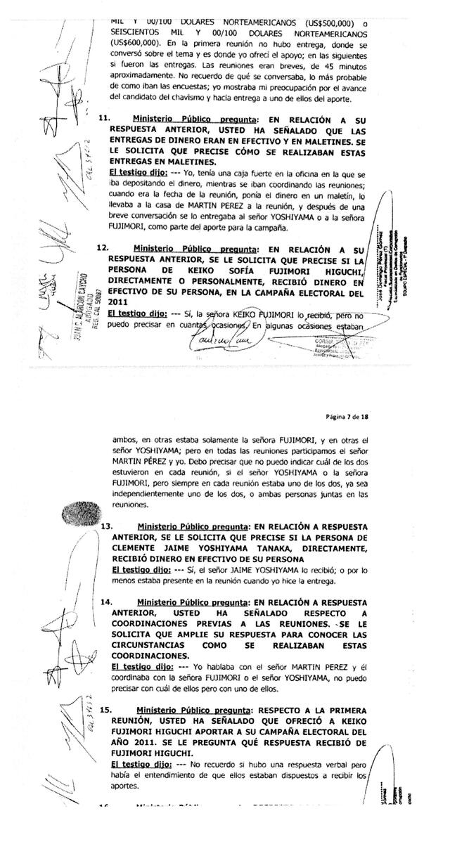 Acta de la declaración testimonial de Dionisio Romero Paoletti. En ella, él relata cómo dio el dinero a Keiko Fujimori.