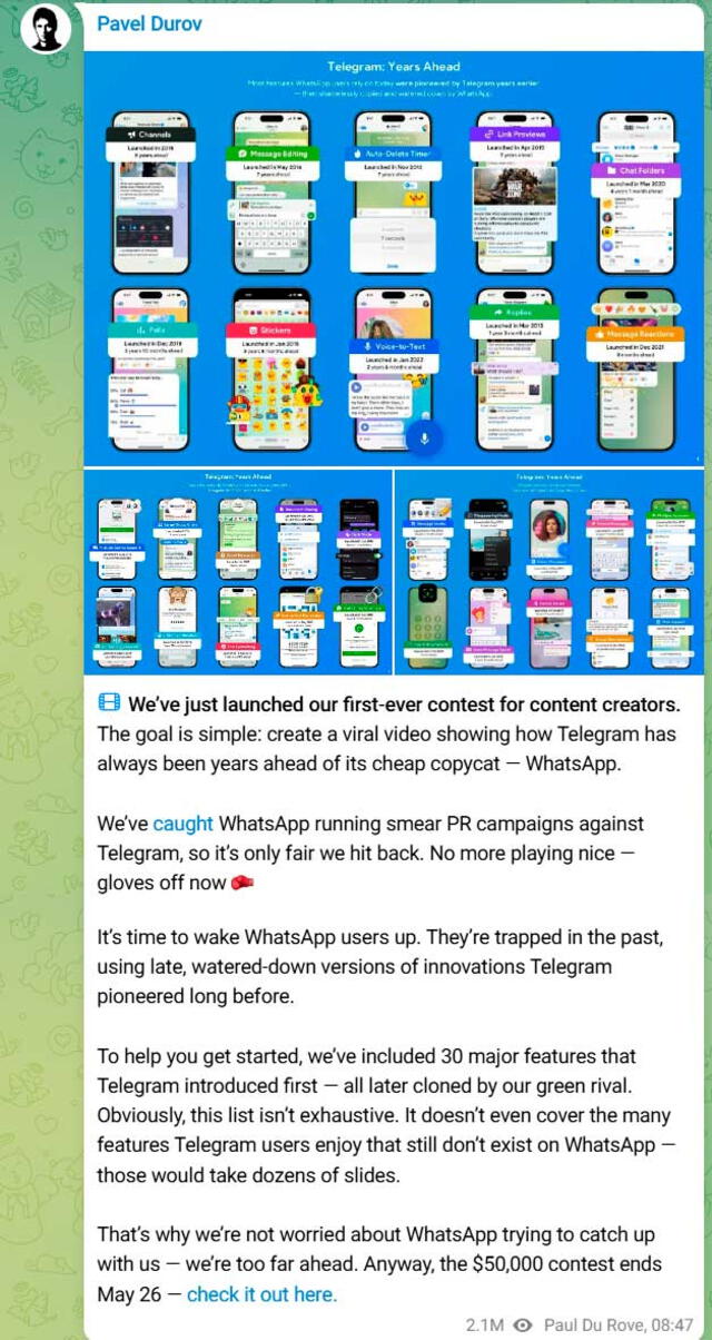 Mensaje publicado por Pável Dúrov. Foto: captura de Telegram/@durov Mensaje publicado por Pável Dúrov. Foto: captura de Telegram/@durov