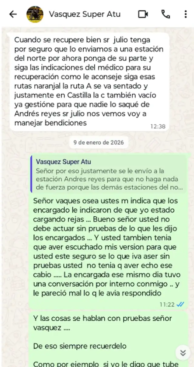  Conversación entre Julio Huamán y su supervisor, donde le pide volver a trabajar en la estación Naranjal. Foto: La República.   