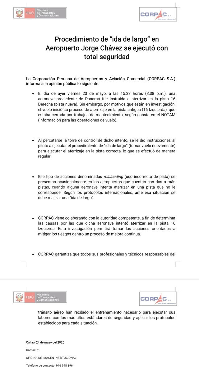 Comunicado CORPAC tras el incidente.   