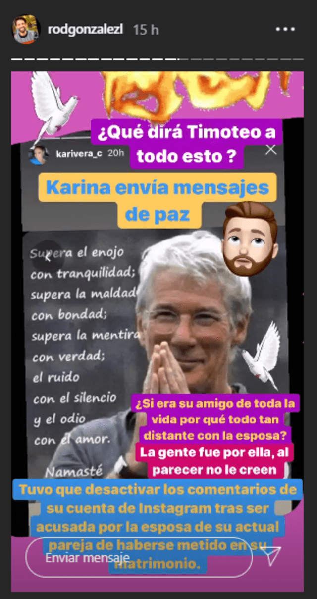 Rodrigo González asegura que Karina Rivera es insultada porque en redes creen que sí destruyó un matrimonio. Foto: Captura Instagram.