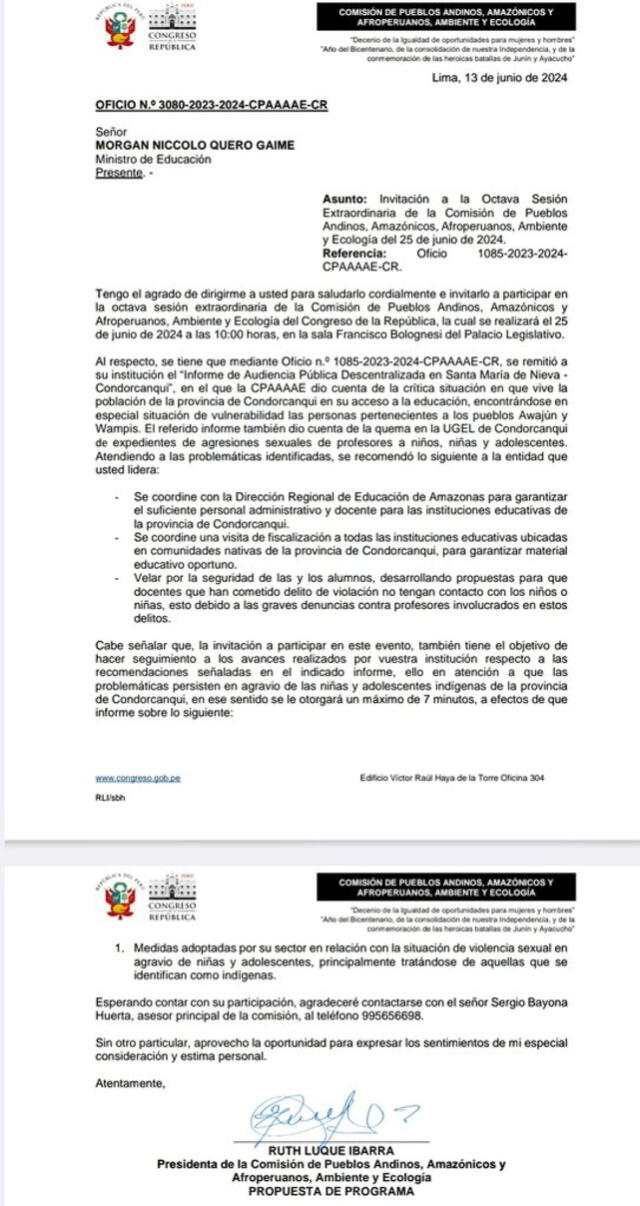 Congresista Luque publicó en su cuenta de X la invitación que se le realizó al ministro Quero: Foto: Ruth Luque- X.   