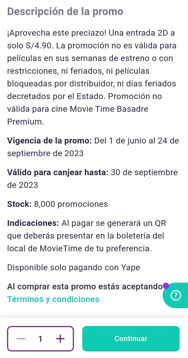  Así aparece la promoción del cine a S/4,90 en la aplicación de Yape. Foto: Yape   