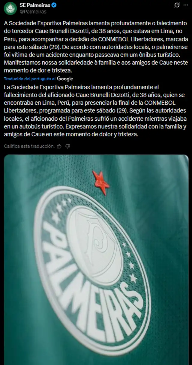 Comunicado de Palmeiras. Foto: X.   