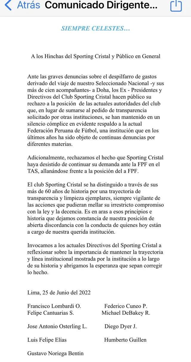 Sporting Cristal, comunicado exdirectivos