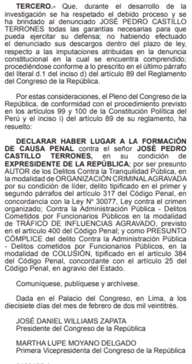  Congreso oficializa acusación contra Pedro Castillo. Foto: documento del Congreso   