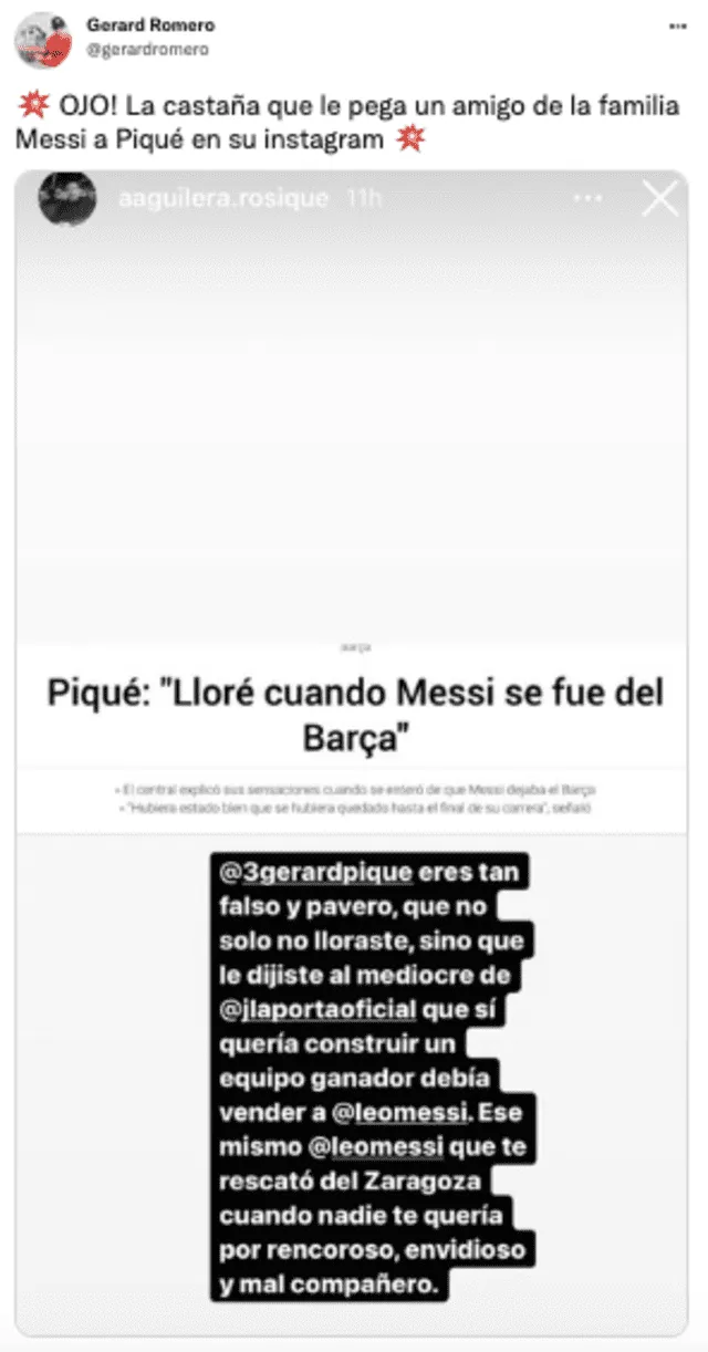 Entorno de Messi se pronuncia tras las declaraciones de Piqué. Foto: captura Twitter