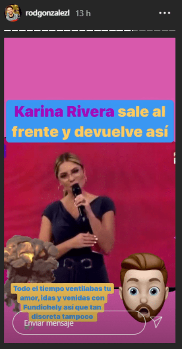 Rodrigo González le recuerda a Karina Rivera que ella ventilaba sus problemas con Orlando Fundichely. Foto: Captura Instagram.