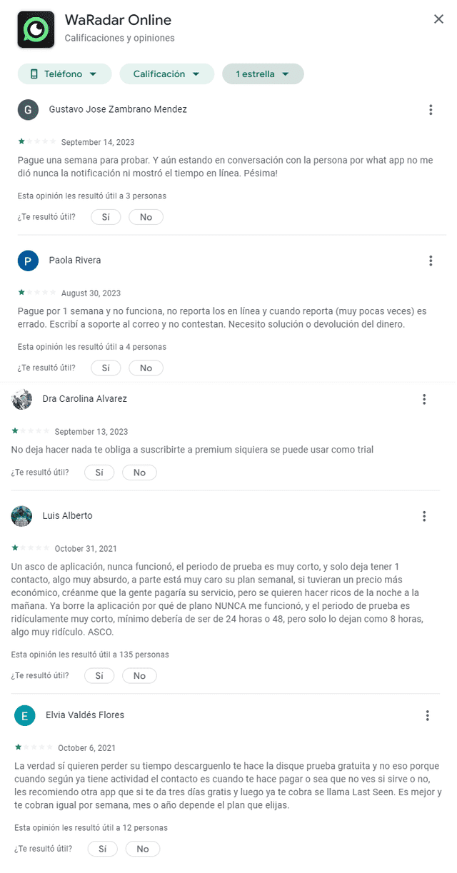  Comentarios negativos contra WaRadar Online. Foto: captura de Play Store<br><br>    