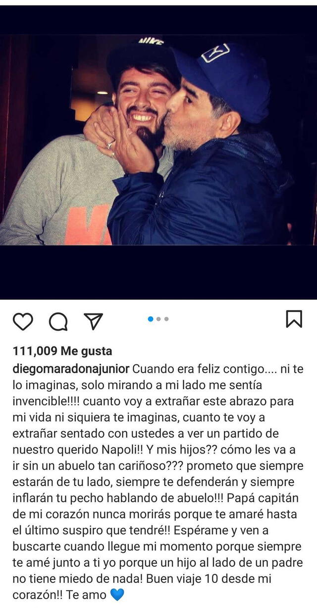 Publicación en Instagram del hijo de Diego Maradona.