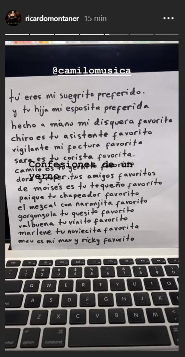 Ricardo Montaner compartió la carta de Camilo en sus historias de Instagram.