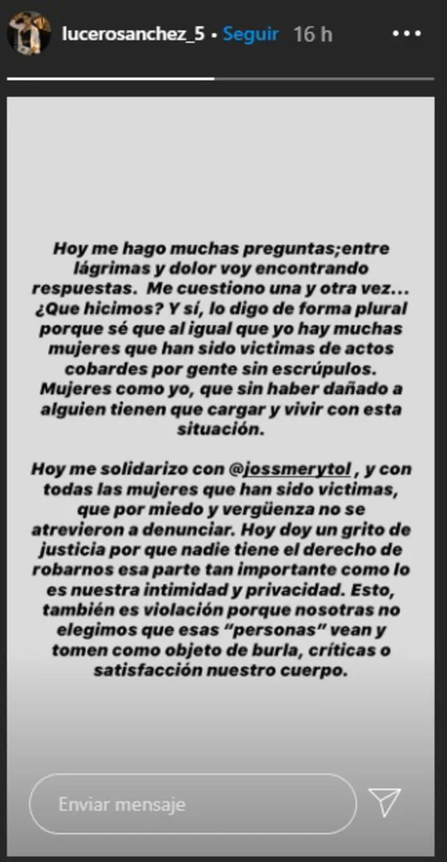 Mensaje de Lucero Sánchez. Foto: captura Instagram