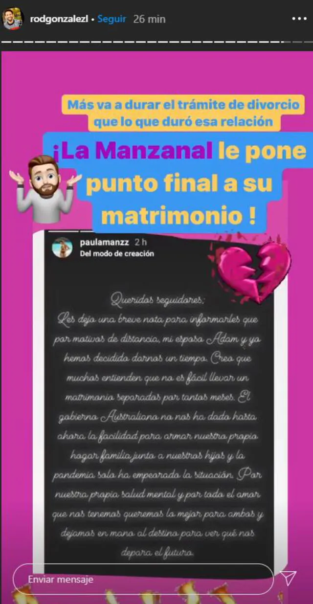 Paula Manzanal anuncia el fin de su matrimonio en Instagram