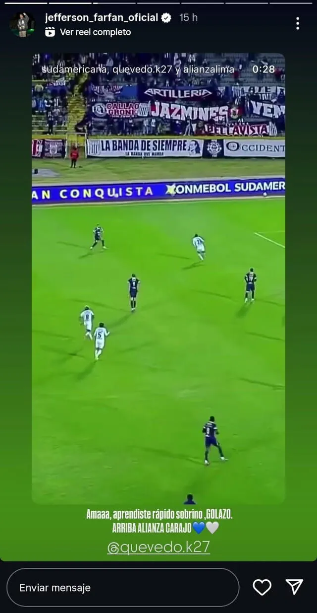 Farfán reacciona a gol de Quevedo, Foto: vía IG Farfán reacciona a gol de Quevedo, Foto: vía IG