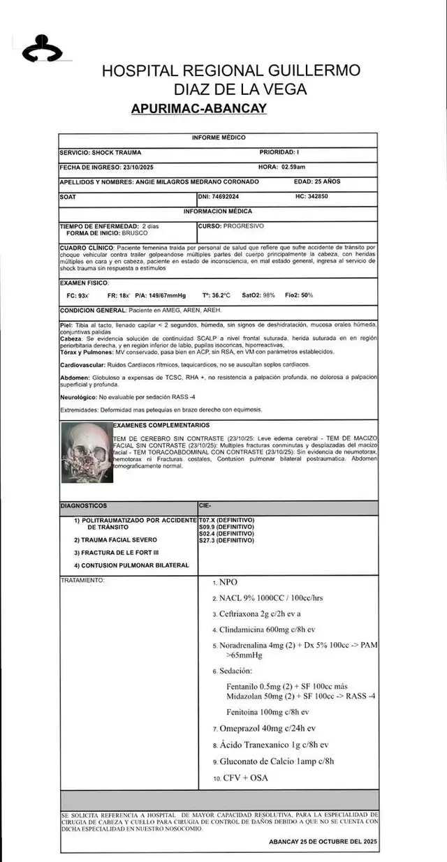 Informe médico sobre el estado actual de la joven enfermera. Foto: Hospital Regional Guillermo Diaz de la Vega. Informe médico sobre el estado actual de la joven enfermera. Foto: Hospital Regional Guillermo Diaz de la Vega.