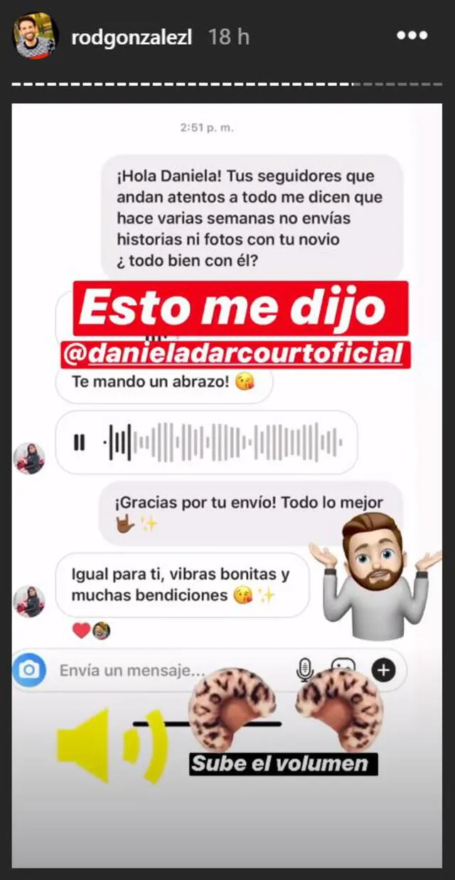 Daniela Darcourt responde a Rodrigo González en Instagram.