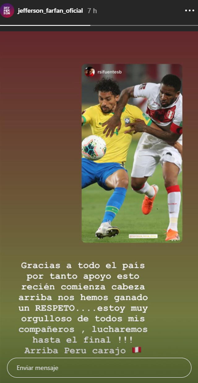 Jefferson Farfán dejó un mensaje de aliento tras la derrota de Perú ante Brasil. Foto: Instagram Jefferson Farfán