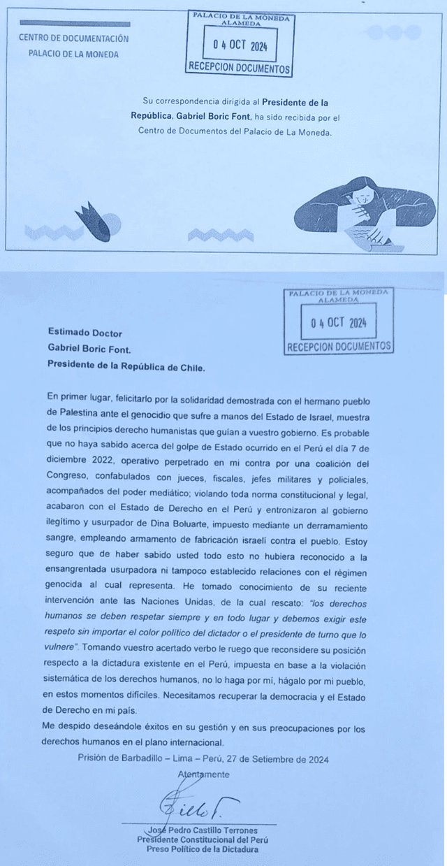  Carta de Pedro Castillo al presidente Gabriel Boric que recibió este 4 de octubre.   