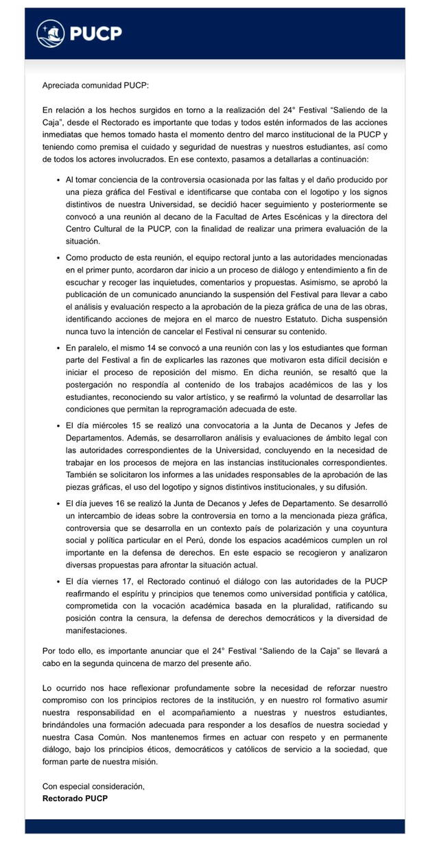  Comunicado de la PUCP sobre la suspensión del festival tras polémica por obra María Maricón.   